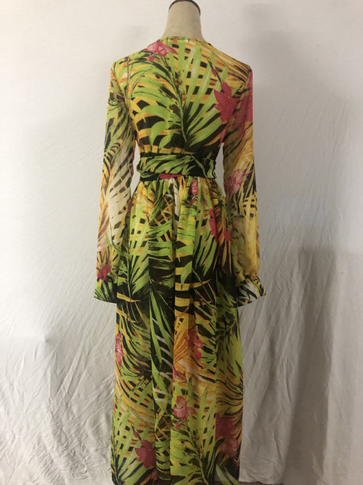 Tropical Leaf Print V-Neck Swing Dress with Lantern Sleeves
