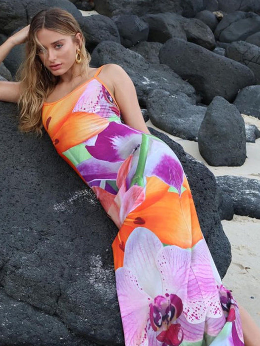 Abstract Elegance Maxi Dress with Shoulder-Baring Design