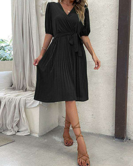 Chic Tie-Detail Pleated V-Neck Dress - Elegant Women's Fashion