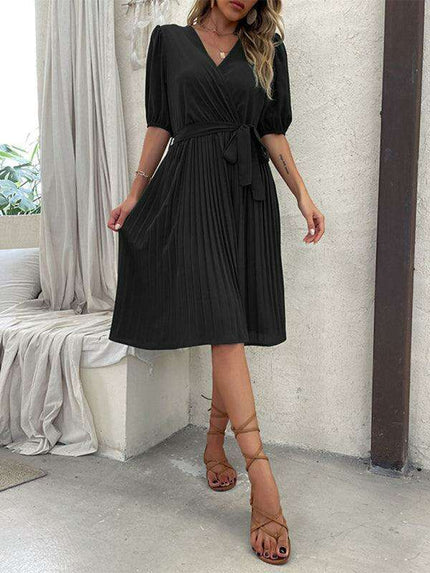 Chic Tie-Detail Pleated V-Neck Dress - Elegant Women's Fashion