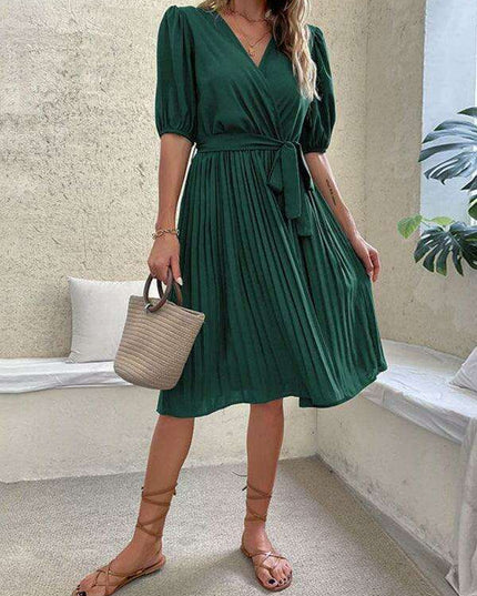 Chic Tie-Detail Pleated V-Neck Dress - Elegant Women's Fashion