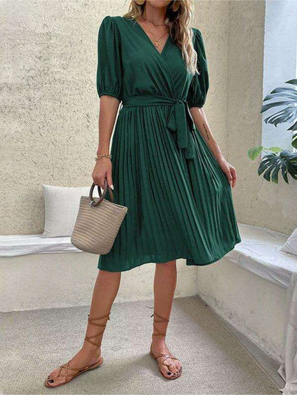 Chic Tie-Detail Pleated V-Neck Dress - Elegant Women's Fashion