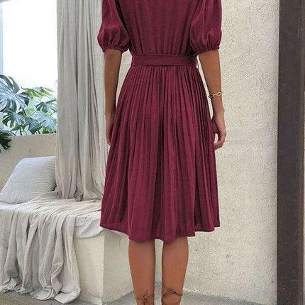 Chic Tie-Detail Pleated V-Neck Dress - Elegant Women's Fashion