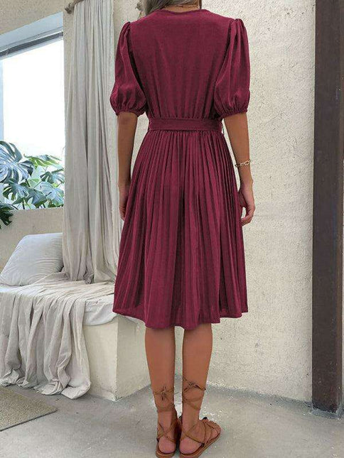 Chic Tie-Detail Pleated V-Neck Dress - Elegant Women's Fashion