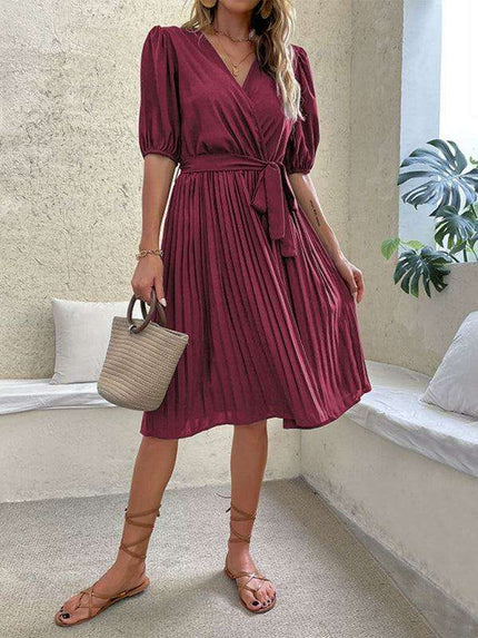 Chic Tie-Detail Pleated V-Neck Dress - Elegant Women's Fashion