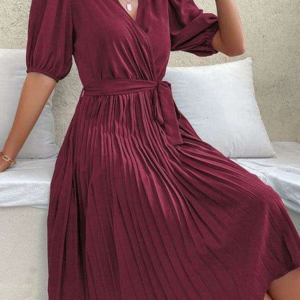 Chic Tie-Detail Pleated V-Neck Dress - Elegant Women's Fashion