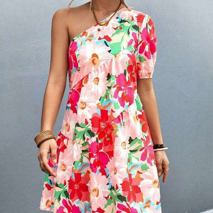 Chic Asymmetrical Floral One-Shoulder Dress