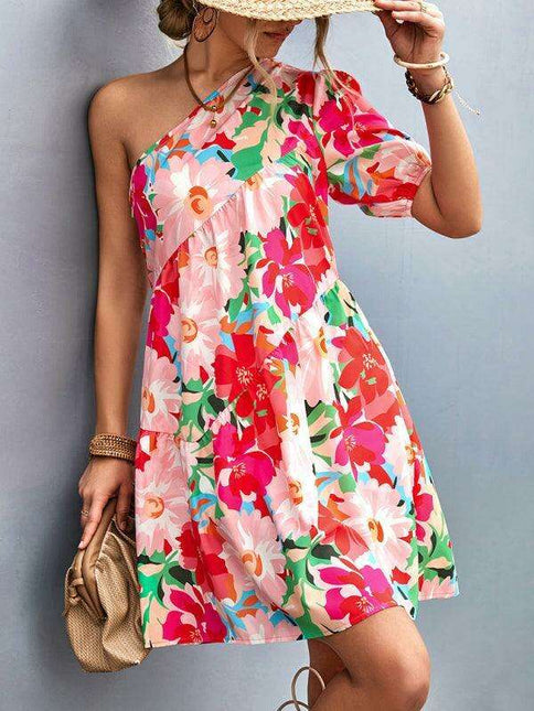 Chic Asymmetrical Floral One-Shoulder Dress