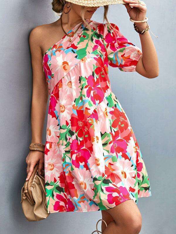 Chic Asymmetrical Floral One-Shoulder Dress
