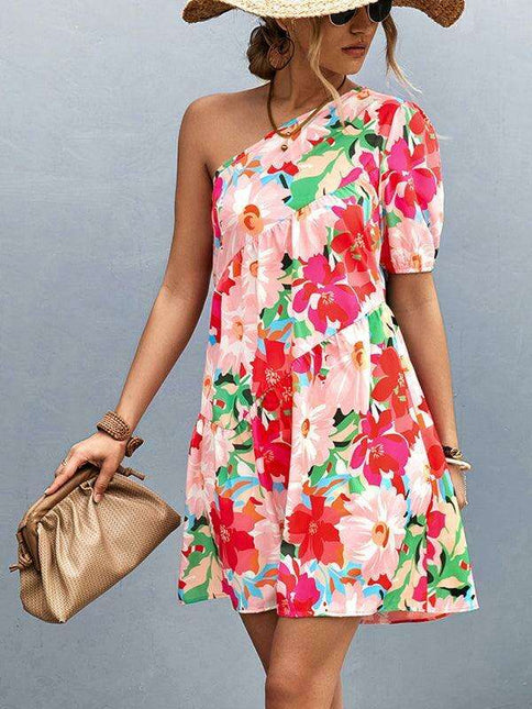 Chic Asymmetrical Floral One-Shoulder Dress