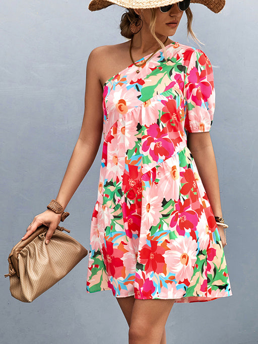 One-Shoulder Floral Print Women's Dress with Diagonal Design