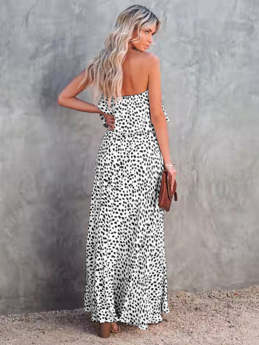 Leopard Print One-Shoulder Ruffle Slit Dress with a Bold Twist - Chic Leopard Print One-Shoulder Ruffle Dress