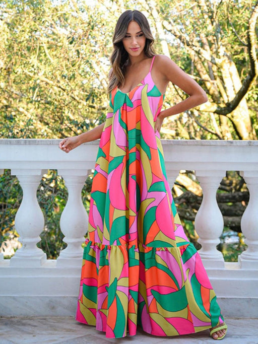 Bohemian Floral Deep V Backless Maxi Dress with Suspender Straps