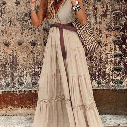 Elegant French V-Neck Midi Dress with High Waist for Timeless Style