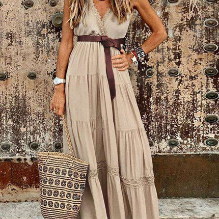 Elegant French V-Neck Midi Dress with High Waist for Timeless Style