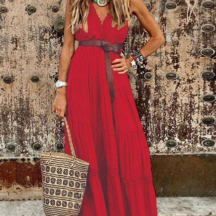 Elegant French V-Neck Midi Dress with High Waist for Timeless Style