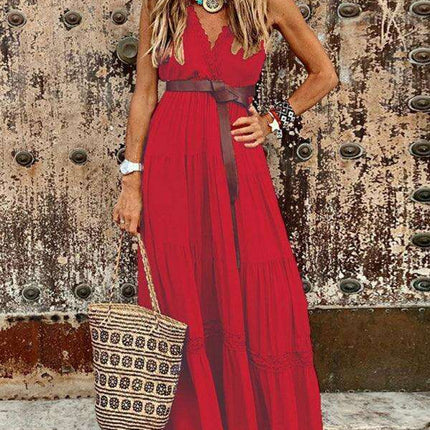 Elegant French V-Neck Midi Dress with High Waist for Timeless Style