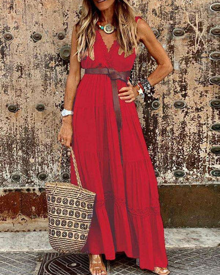 Elegant French V-Neck Midi Dress with High Waist for Timeless Style