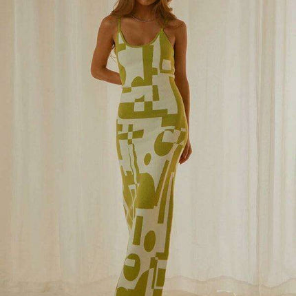 Elegant Wind Print Slim Fit Maxi Dress