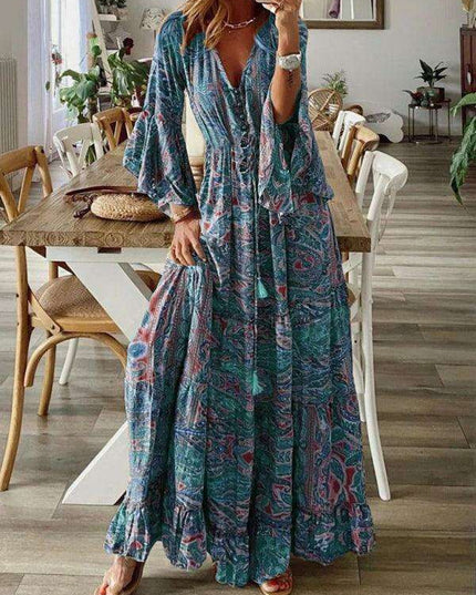 Bohemian Floral V-Neck Maxi Dress with Elegant Trumpet Sleeves