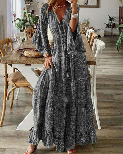 Bohemian Floral V-Neck Maxi Dress with Elegant Trumpet Sleeves