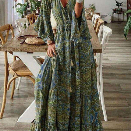 Bohemian Floral V-Neck Maxi Dress with Elegant Trumpet Sleeves