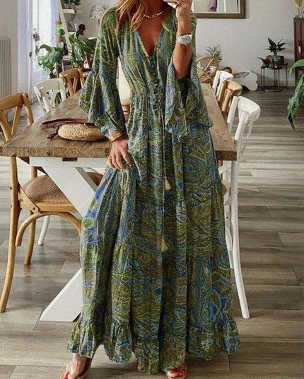 Bohemian Floral V-Neck Maxi Dress with Elegant Trumpet Sleeves