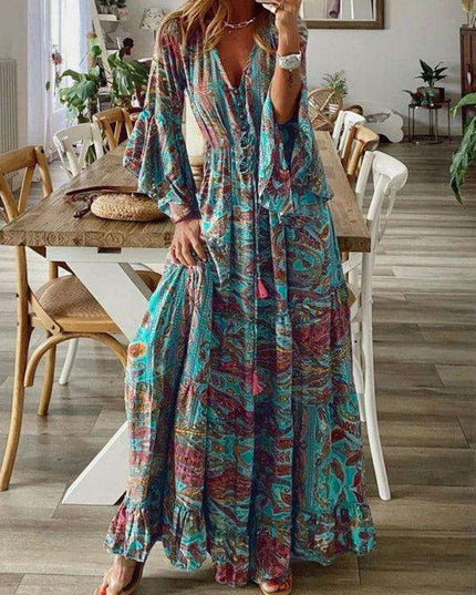 Bohemian Floral V-Neck Maxi Dress with Elegant Trumpet Sleeves
