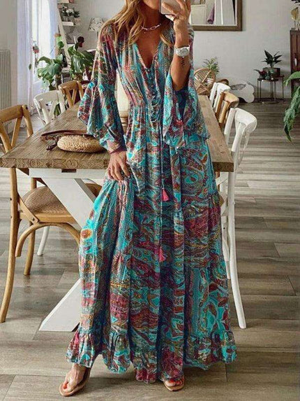 Bohemian Floral V-Neck Maxi Dress with Elegant Trumpet Sleeves