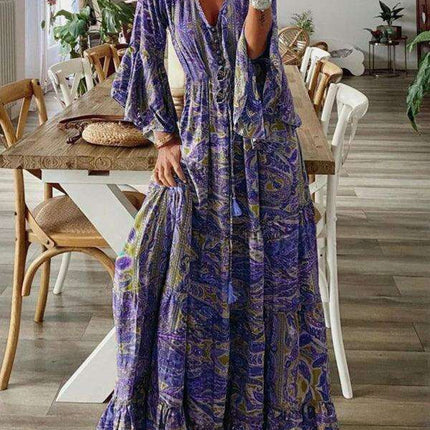 Bohemian Floral V-Neck Maxi Dress with Elegant Trumpet Sleeves