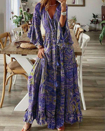 Bohemian Floral V-Neck Maxi Dress with Elegant Trumpet Sleeves