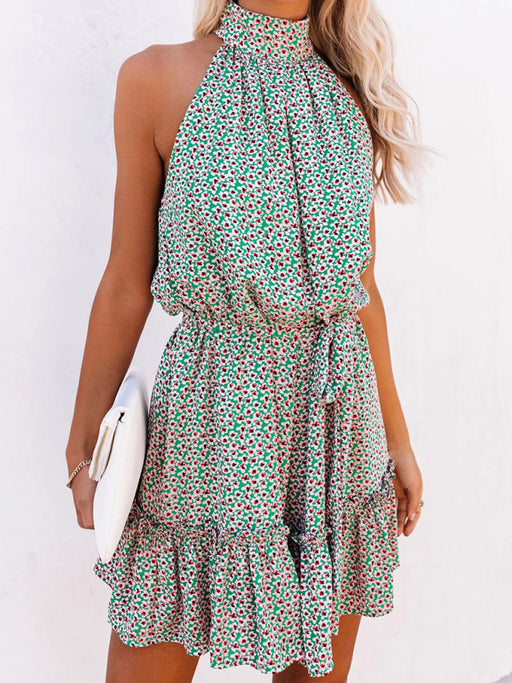 New style small floral print halter neck wood ear dress