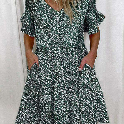 Effortless Chic V-neck Ruffle Pocket Dress for Stylish Comfort