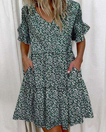 Effortless Chic V-neck Ruffle Pocket Dress for Stylish Comfort