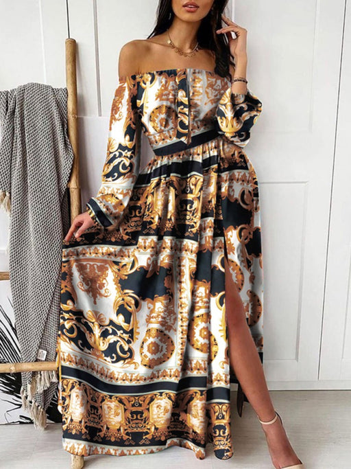 Retro One-Shoulder Printed Maxi Dress with Slits