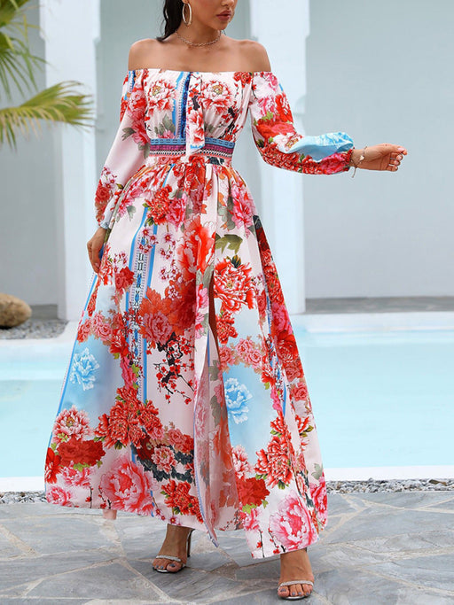 Retro One-Shoulder Printed Maxi Dress with Slits