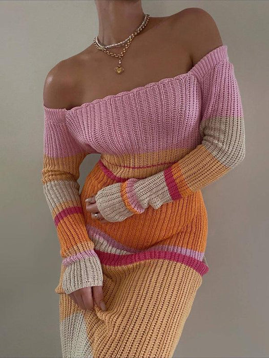 Boho Chic Striped Knit Off-Shoulder Dress with Long Sleeves - Women's Summer Fashion Piece