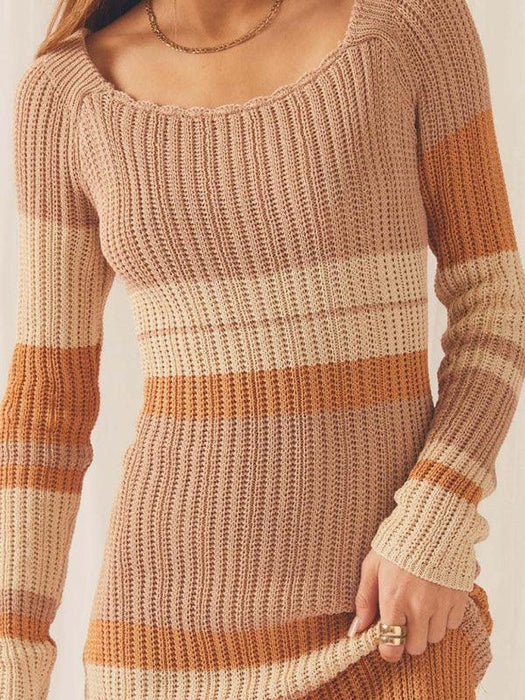 Boho Chic Striped Knit Off-Shoulder Dress with Long Sleeves - Women's Summer Fashion Piece