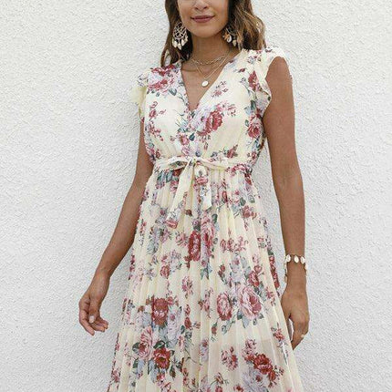 Elegant Floral Tie-Waist V-Neck Dress for Effortless Style