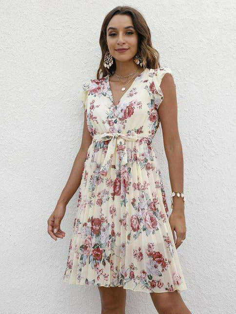 Elegant Floral Tie-Waist V-Neck Dress for Effortless Style
