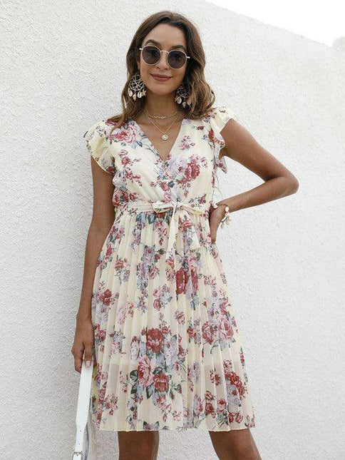 Elegant Floral Tie-Waist V-Neck Dress for Effortless Style