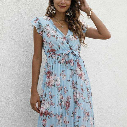 Elegant Floral Tie-Waist V-Neck Dress for Effortless Style