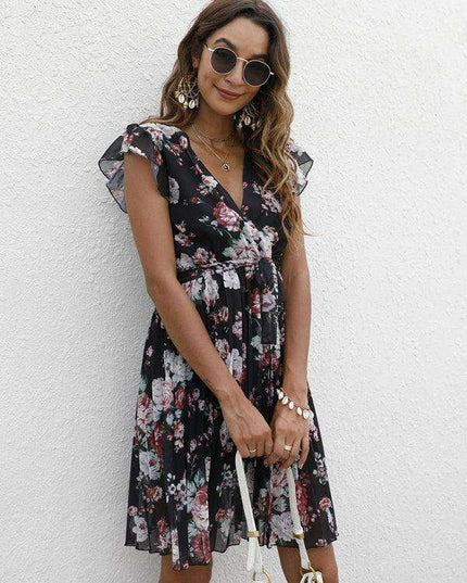 Elegant Floral Tie-Waist V-Neck Dress for Effortless Style