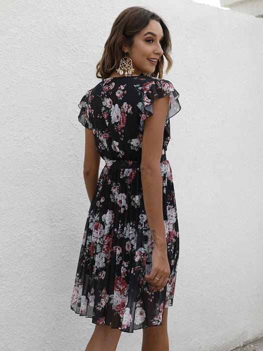 European Chic V-Neck Floral Print Dress with Waist Tie