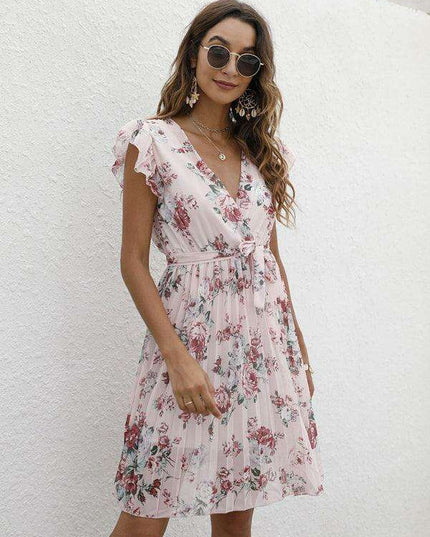 Elegant Floral Tie-Waist V-Neck Dress for Effortless Style