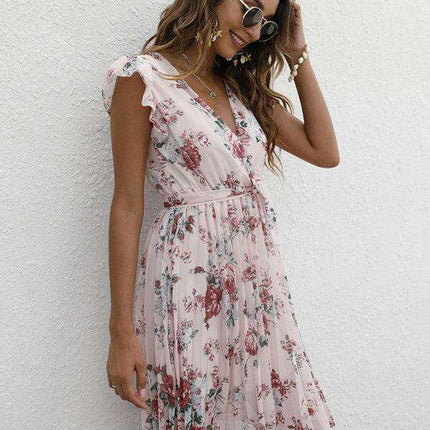Elegant Floral Tie-Waist V-Neck Dress for Effortless Style