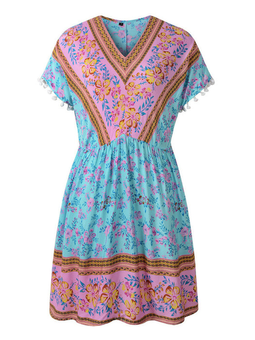 Bohemian Blossom V Neck Short Sleeve Rayon Dress