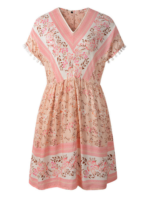 Bohemian Blossom V Neck Short Sleeve Rayon Dress