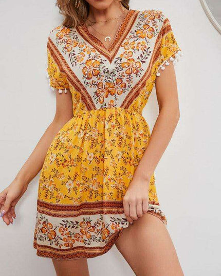 Bohemian Blossom V Neck Rayon Dress - Your Essential Summer Companion
