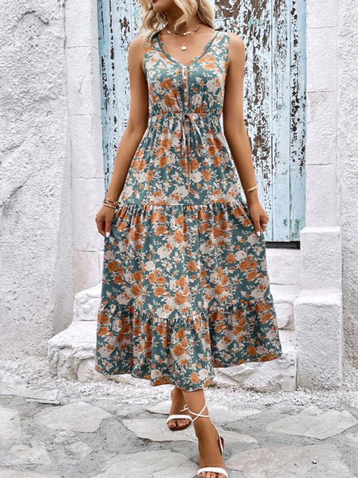 Floral Print Sleeveless Dress with Button Detail for Women